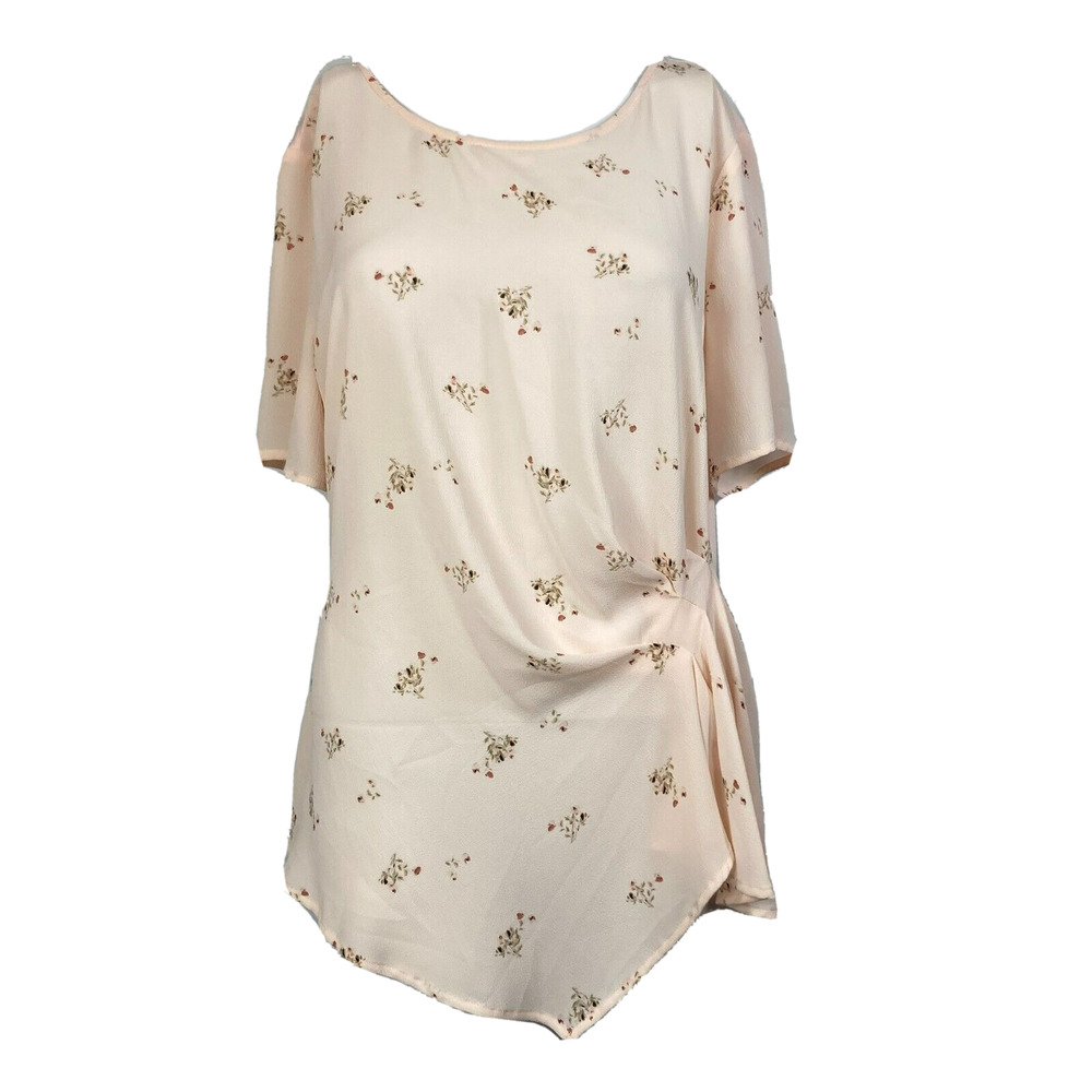 Vince Camuto Shirt Womens Sz M Pink Floral Stretch Asymmetrical Short Sleeve